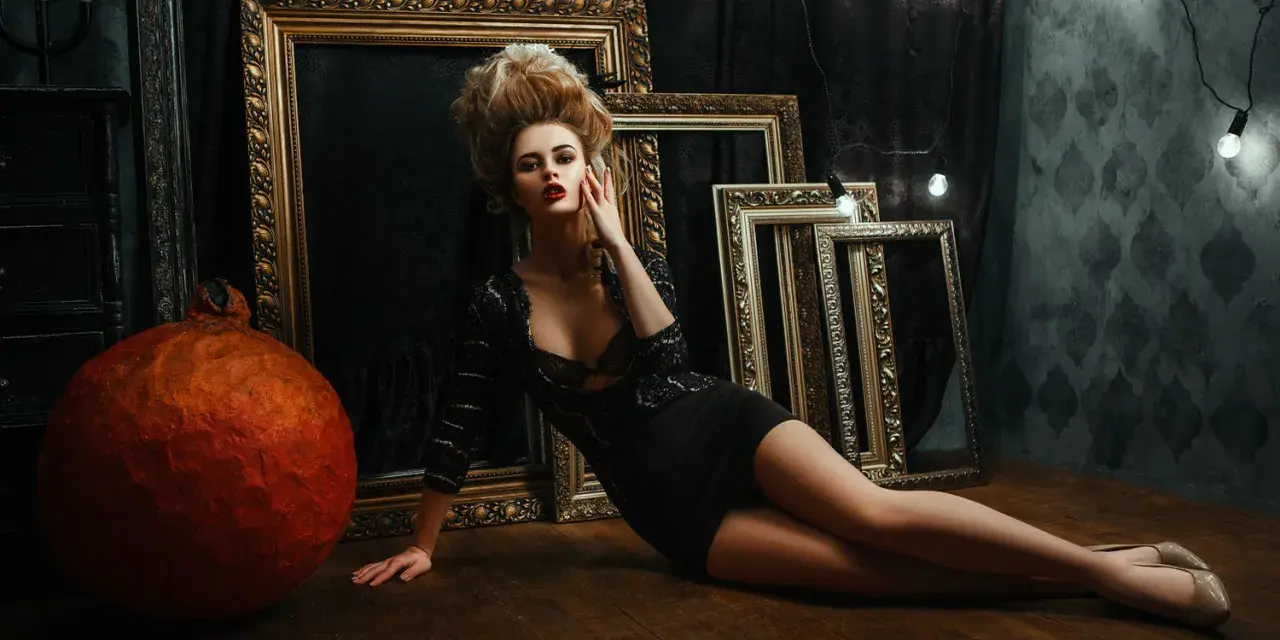 Une femme aux cheveux volumineux, dans une robe noire, pose près de cadres dorés. Un tuto Photoshop pour un look dramatique.