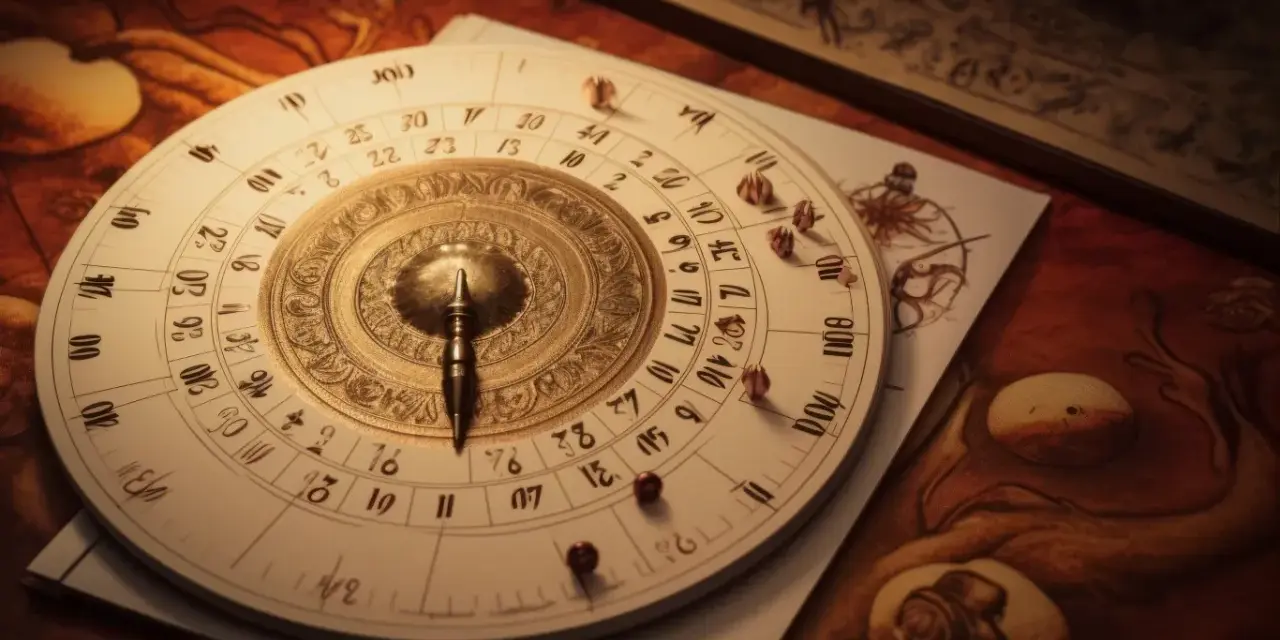 Starożytny astrolabium, symbol drogi życia 9, na tle map i zwojów.