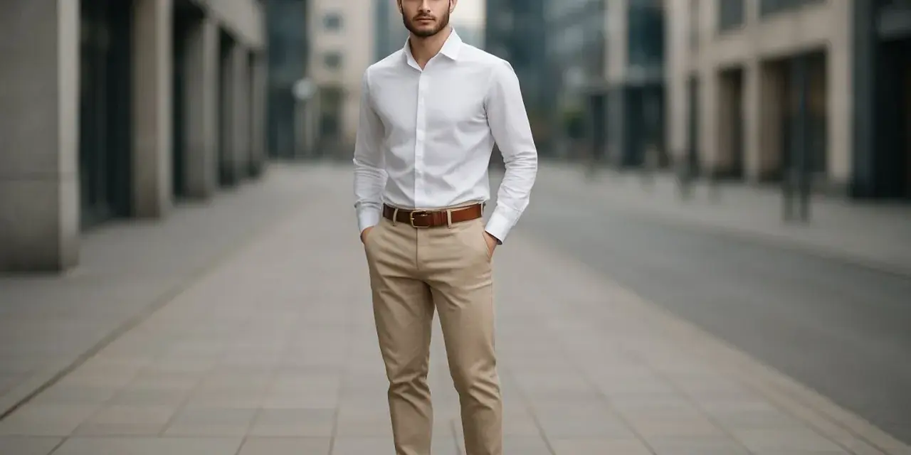 Elegancki mężczyzna w białej koszuli i beżowych spodniach, idealny przykład, jaka koszula do beżowych spodni.