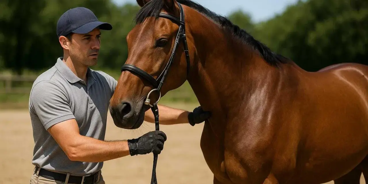 Un cavalier professionnel, concentré, tient les rênes d'un cheval bai. Le salaire d'un cavalier pro dépend de son talent.