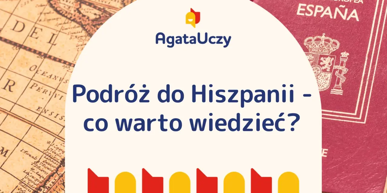 Hiszpański paszport i stara mapa świata na tle grafiki z tekstem "Podróż do Hiszpanii".