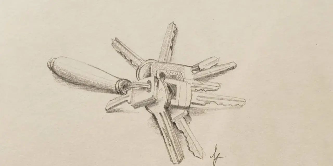 Un dessin réaliste d'un trousseau de clés, avec une poignée en bois et plusieurs clés métalliques disposées en étoile.