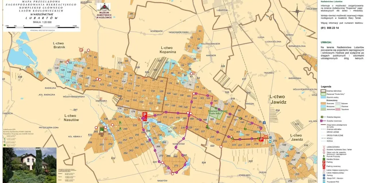 Mapa kompleksu leśnego Lasy Kozłowieckie z zaznaczonymi szlakami, rezerwatami i obiektami turystycznymi.