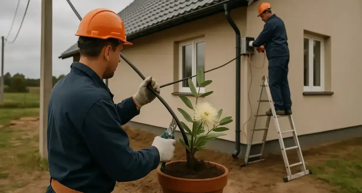 Dwóch elektryków pracuje przy domu. Jeden na drabinie podłącza kable, drugi trzyma kabel. Zastanawiasz się, ile kosztuje przyłącze prądu?