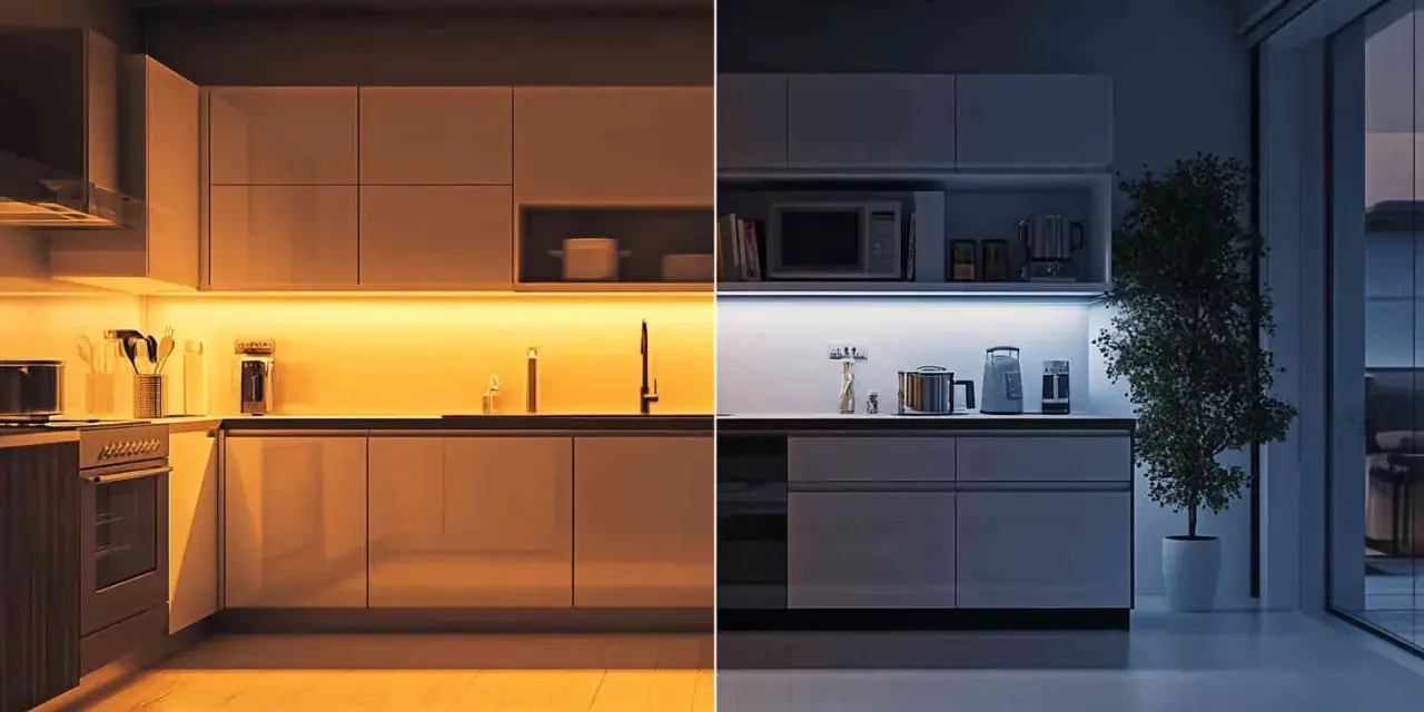 Cocina dividida: izquierda con luz cálida (2700 kelvin), derecha con luz fría (6500 kelvin).