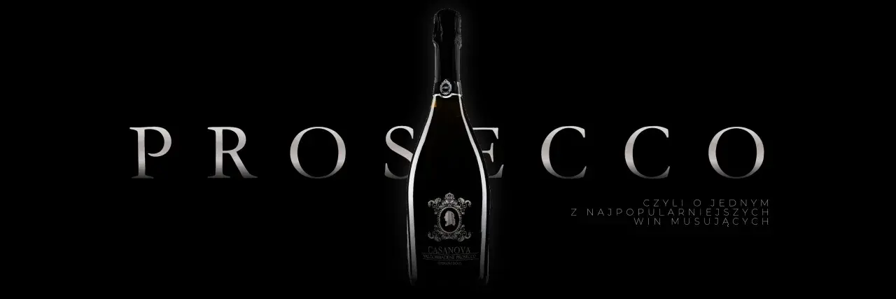 Elegancka butelka wina musującego z napisem "PROSECCO" i tekstem "czyli o jednym z najpopularniejszych win musujących".
