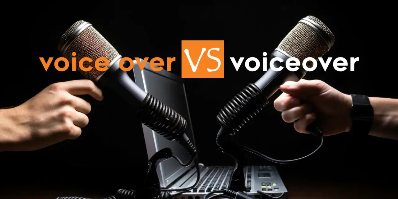 Due microfoni professionali, uno tenuto da una mano, l'altro da un'altra, si fronteggiano sopra un laptop. Il testo "voice over VS voiceover" suggerisce una competizione o un confronto nel mondo del doppiaggio e della narrazione.