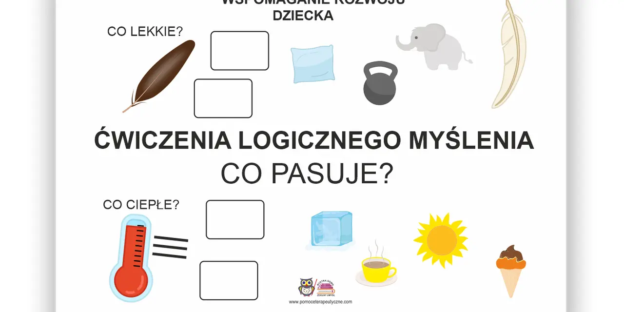 Sekwencje karty pracy: piórko, poduszka, słoń, ciężarek, pióro. Termometr, lód, słońce, kawa, lody.