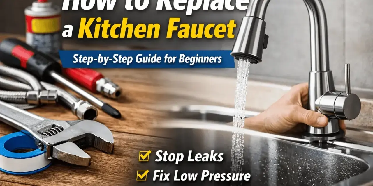 Learn how to replace a kitchen faucet with this step-by-step guide. Tools and a new faucet are shown, ready for an easy DIY installation.