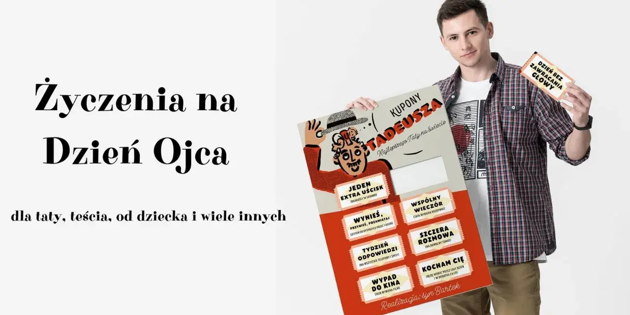 Zestaw kuponów z życzeniami dla taty na urodziny: "Dzień bez zawracania głowy", "Wspólny wieczór" i inne.