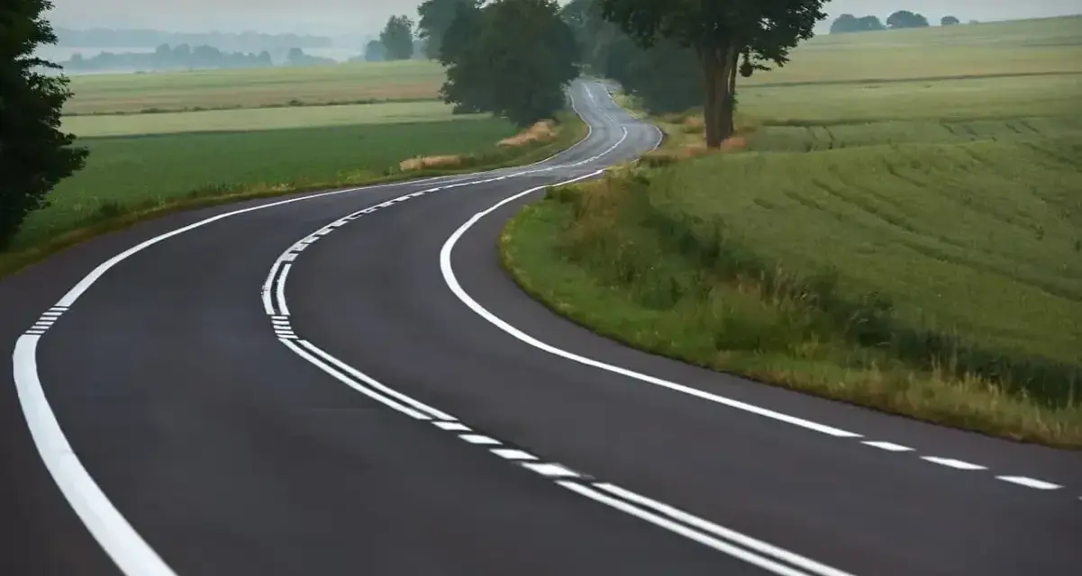 Zakręt drogi z podwójną ciągłą linią, gdzie wyprzedzanie jest zabronione. Pola i drzewa w tle.