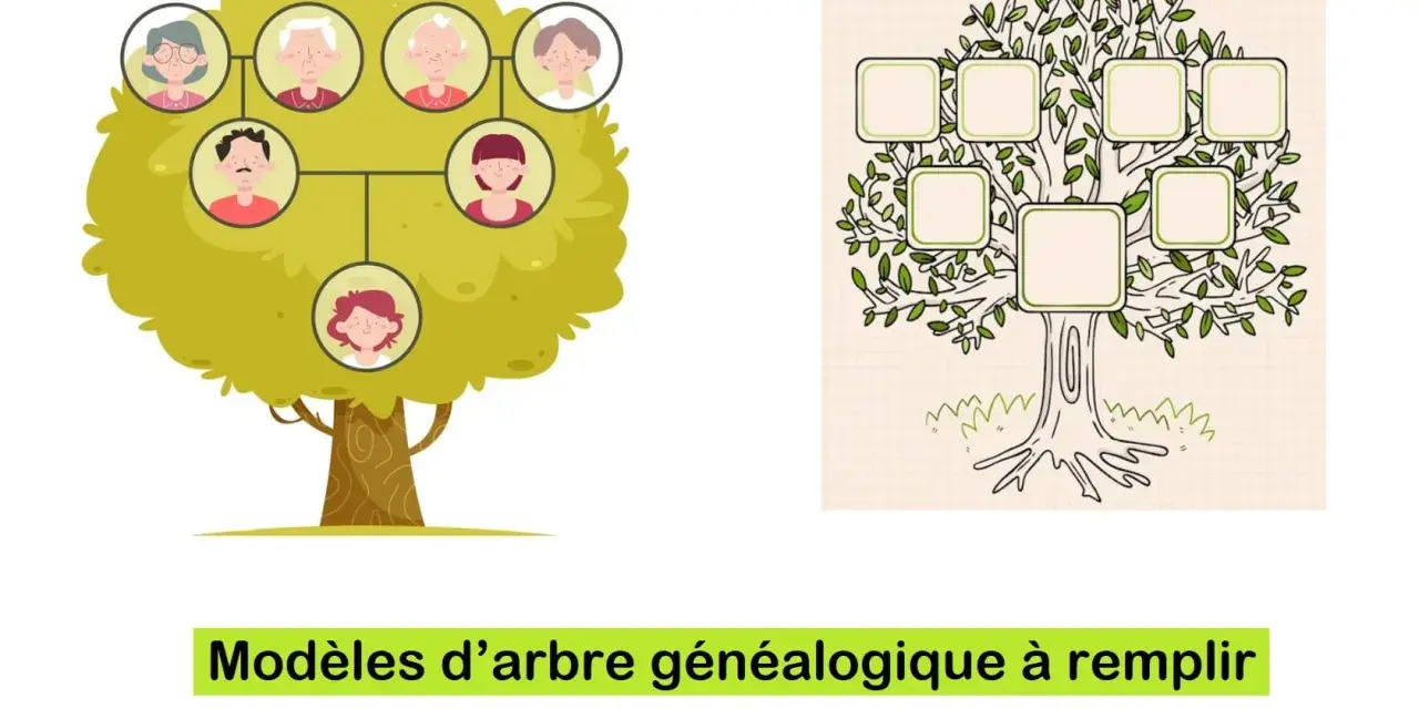 Arbre généalogique 12 générations gratuit : un arbre illustré avec des portraits de famille et un modèle vierge à remplir pour retracer votre histoire.
