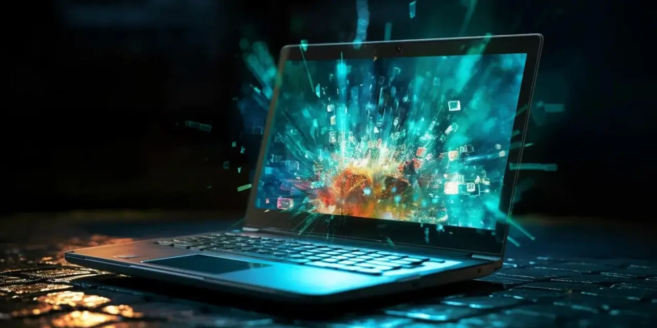 Laptop z eksplodującym ekranem, pełnym kolorowych danych. Czy Steam jest bezpieczny? Obraz sugeruje, że cyfrowy świat może być nieprzewidywalny.