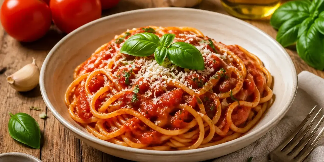Talerz spaghetti z sosem pomidorowym, posypany parmezanem i udekorowany bazylią.