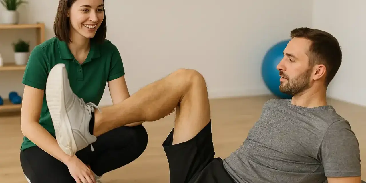 Physiotherapeutin unterstützt Mann bei Übungen zur Genesung nach Meniskusriss.