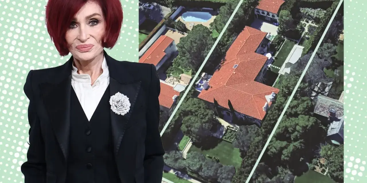 Sharon Osbourne obok rezydencji, która kiedyś należała do Ozzy'ego Osbourne'a. Luksusowa posiadłość z basenem i ogrodem.