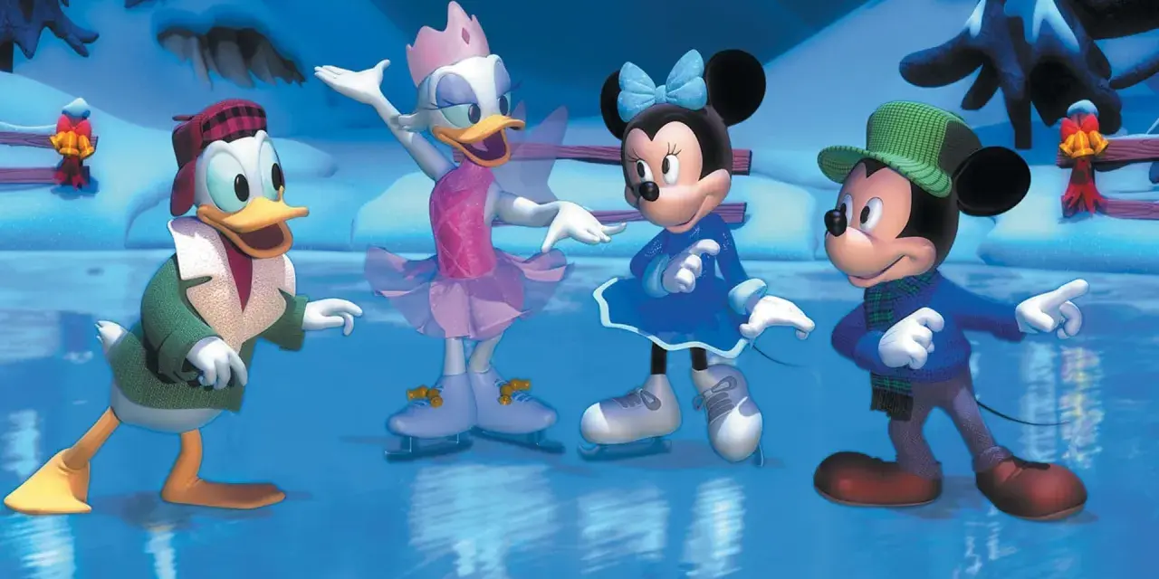 Myszka Miki, Kaczor Donald, Daisy i Minnie na lodowisku, jak w świąteczne bajki animowane.