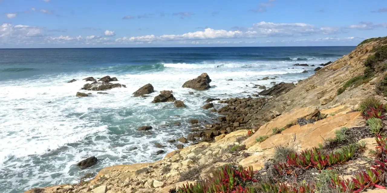 Fischerweg Portugal: Felsenküste mit Wellen, blauem Himmel und Wolken. Sukkulenten wachsen am Hang.