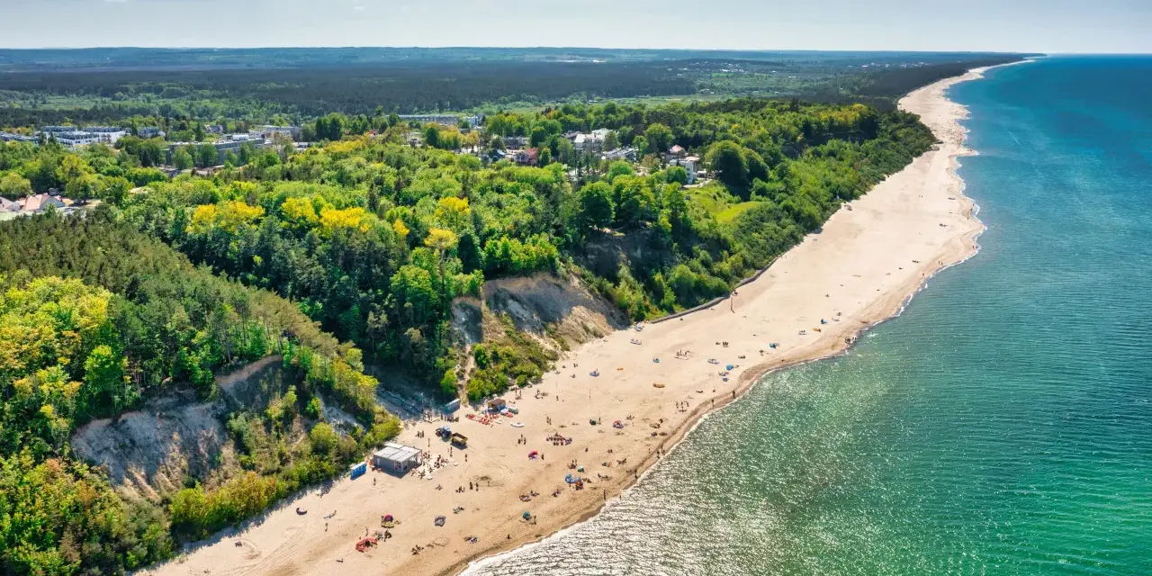 Widok z lotu ptaka na plażę w Jastrzębiej Górze z klifem i lasem.