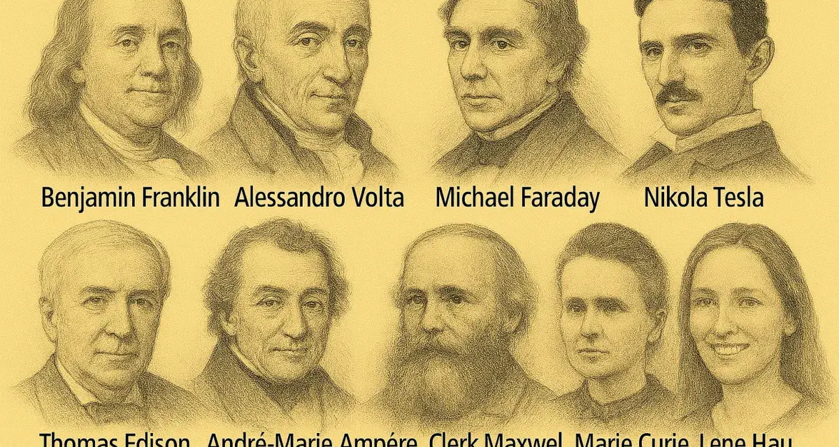 Retratos de personajes de la edad moderna: Benjamin Franklin, Alessandro Volta, Michael Faraday, Nikola Tesla, Thomas Edison, André-Marie Ampère, Clerk Maxwell, Marie Curie y Lene Hau.