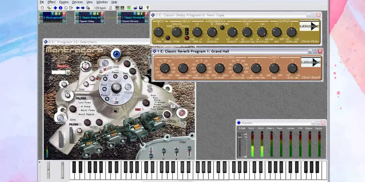 Ein Bildschirm mit einem kostenlosen VST-Host, der verschiedene Audio-Effekt-Plugins wie Reverb und Delay anzeigt.