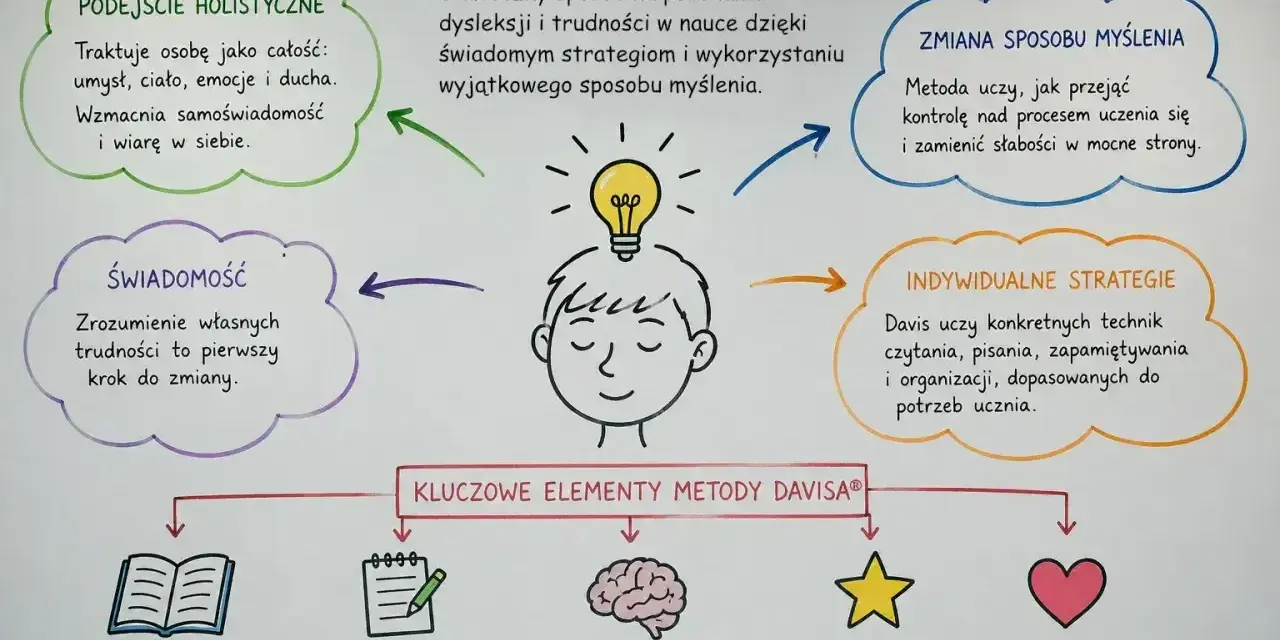 Metoda Davisa pokazuje, że dysleksja to nie choroba, lecz sposób myślenia. Uczy świadomych strategii, holistycznego podejścia i indywidualnych technik.