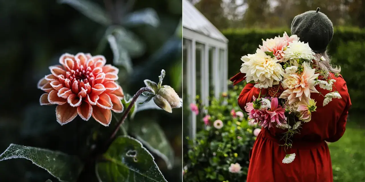 En frostig orange dahlia i närbild. Till höger bär en person en bukett med guldvatten dahlior framför ett växthus.