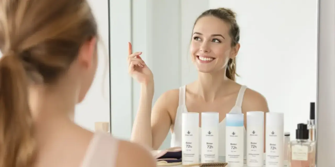 Uśmiechnięta kobieta w łazience, przed lustrem, z produktami "Bloker 72h" - najskuteczniejszy bloker potu.