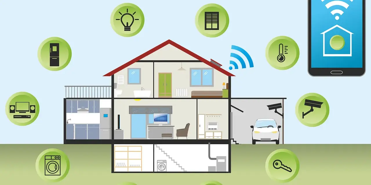 Ein Haus mit vielen Symbolen für Smart-Home-Geräte, gesteuert über eine App auf einem Smartphone.