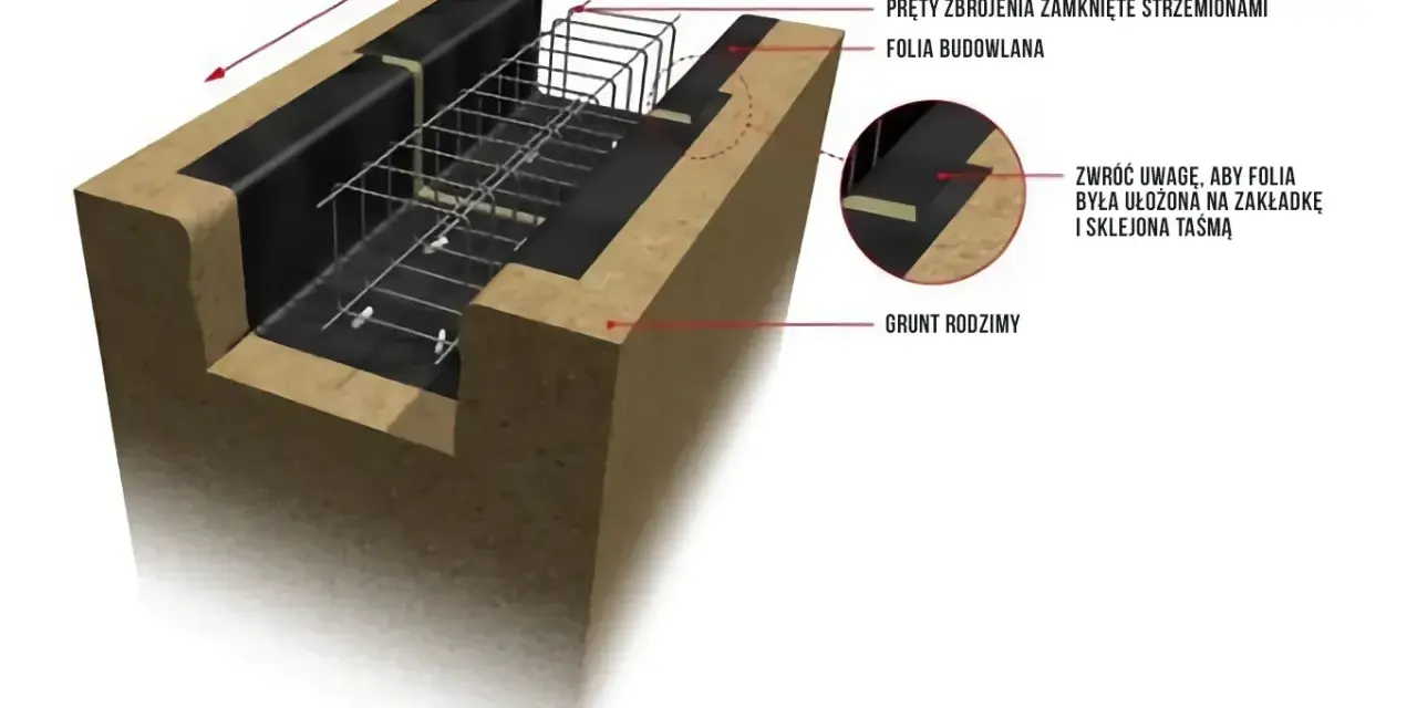 Przekrój fundamentu z widocznym zbrojeniem, folią budowlaną i gruntem rodzimym. Betonowa mieszanka płynie w kierunku zaznaczonym strzałką.