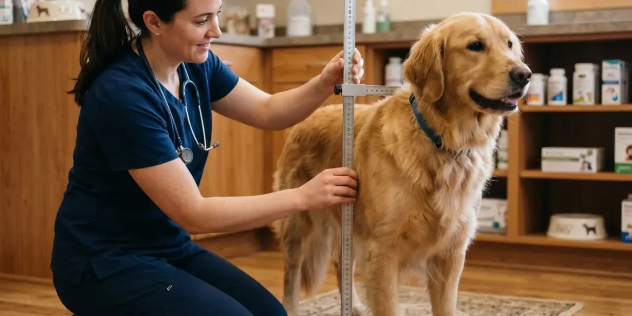 Vétérinaire mesurant la taille au garrot d'un golden retriever dans une clinique.