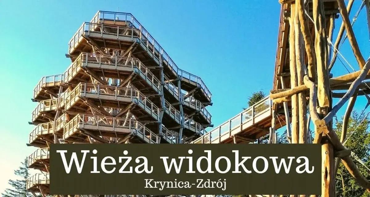 Drewniana wieża widokowa w Krynicy-Zdroju, z której rozciąga się ścieżka w koronach drzew.