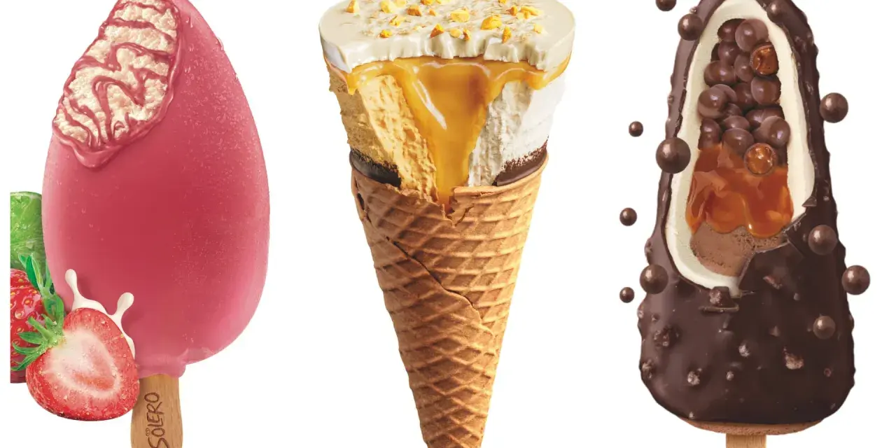 Tre läckra glassnyheter 2026: en rosa Solero med jordgubb, en våffla med karamell och nötter, samt en chokladglass med krispiga kulor.
