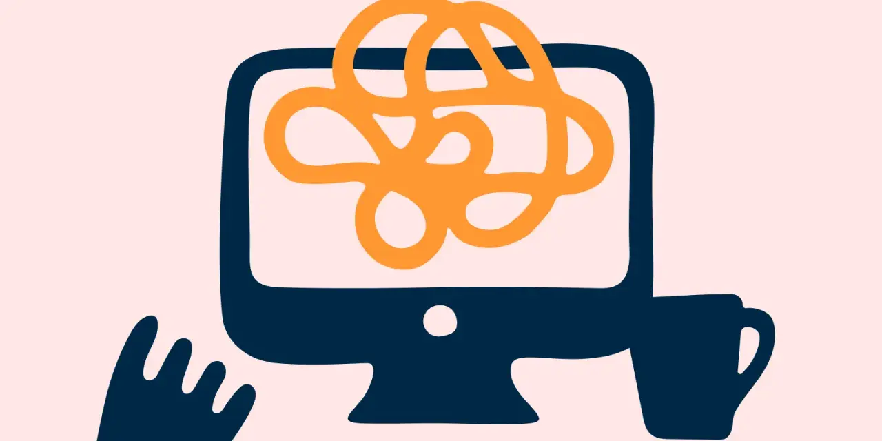 En person med en hand som sträcker sig mot en dator där en orange trassel symboliserar att hen klarar inte av att jobba. En mugg står bredvid.