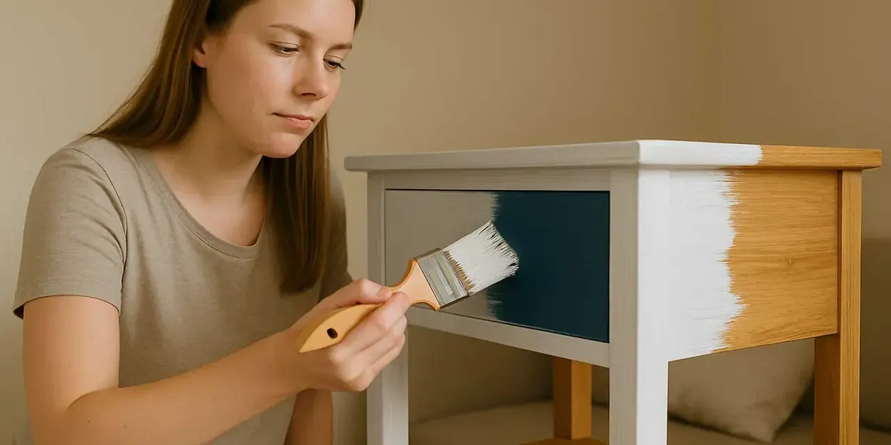Donna con pennello colora un mobile in legno, applicando vernice blu su un cassetto e bianca su altre parti.
