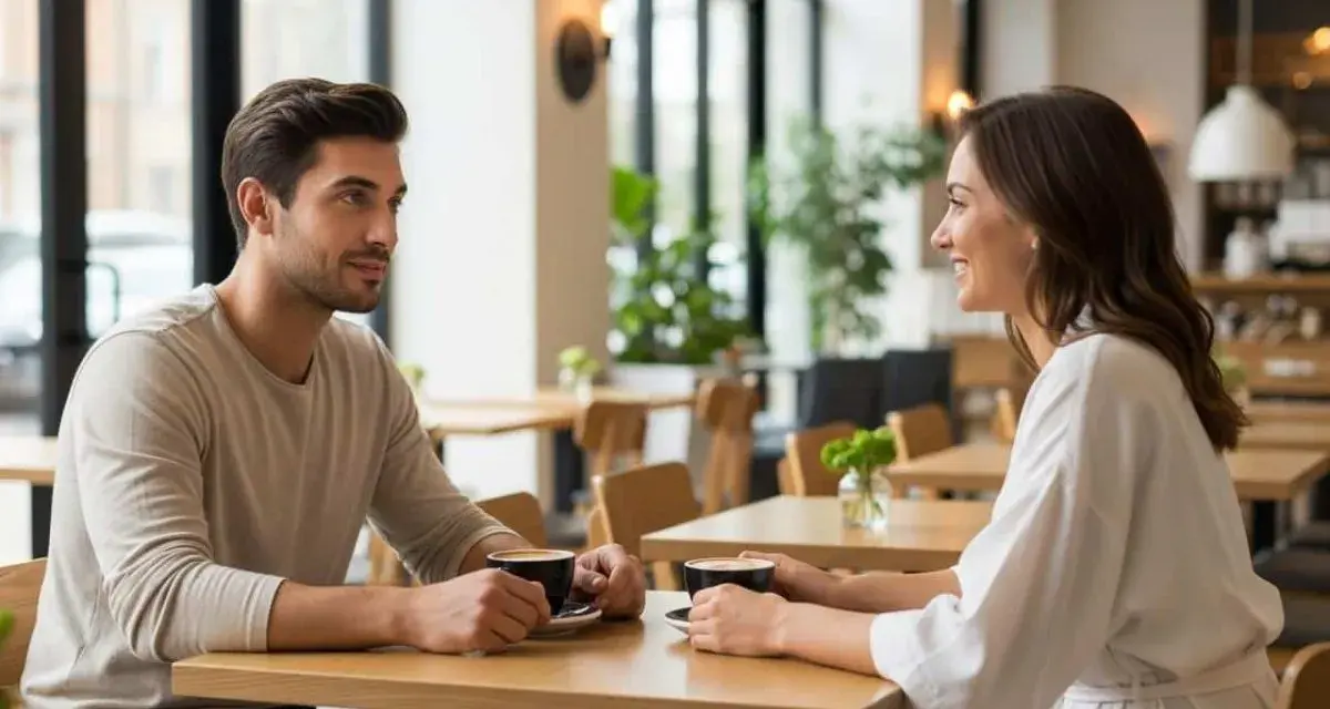 Un homme séducteur et une femme souriante partagent un café. Les signes de complicité sont évidents dans leur regard.