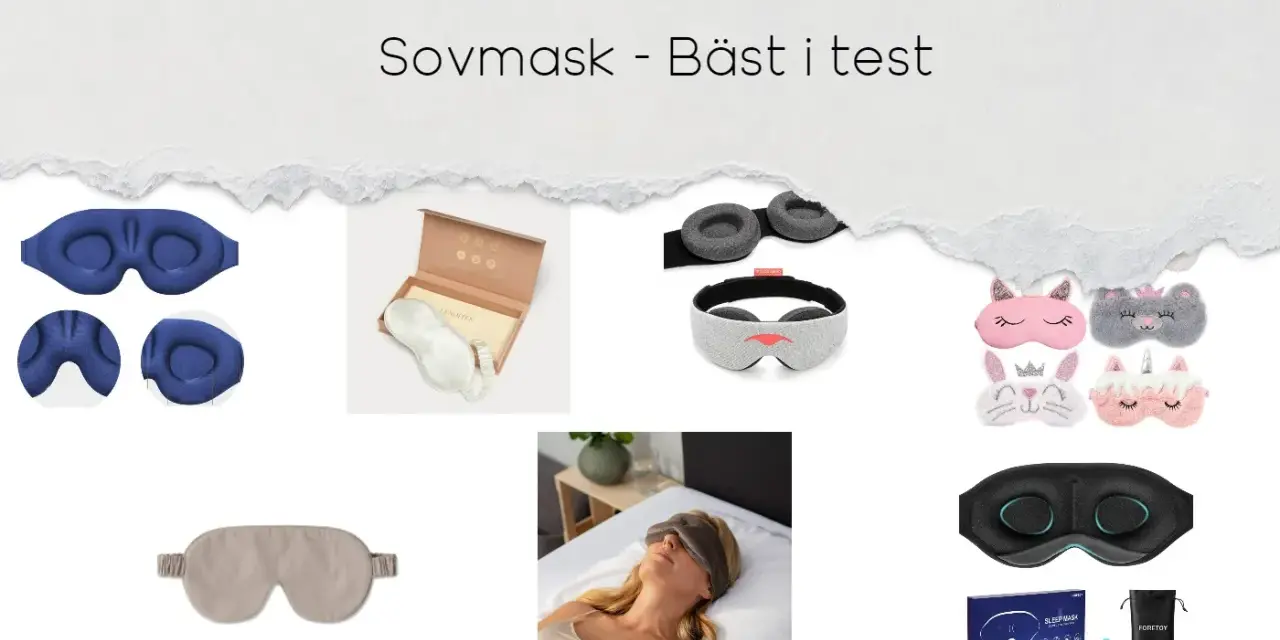 En samling sovmasker, inklusive en lyxig sovmask i satin, en blå 3D-sovmask och flera roliga djurmasker.