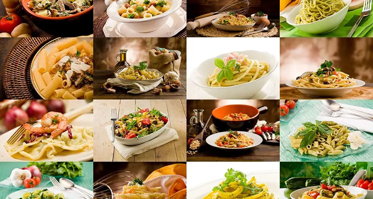 Kolorowy kolaż potraw, każdy talerz to pyszny włoski obiad. Od klasycznego spaghetti po dania z owocami morza i warzywami.