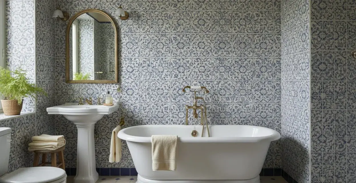 Bagno con piastrelle blu e bianche, vasca freestanding e lavabo a colonna. Un esempio per capire quanto costa piastrellare un bagno.