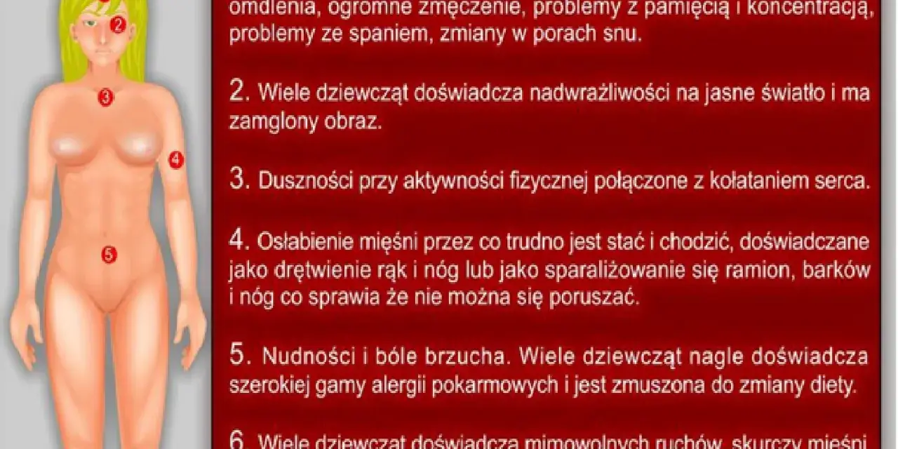 Ilustracja przedstawia schematyczne ciało kobiety z zaznaczonymi punktami, opisującymi potencjalne skutki uboczne po szczepieniu HPV: bóle głowy, problemy z koncentracją, duszności, osłabienie mięśni, nudności i skurcze.