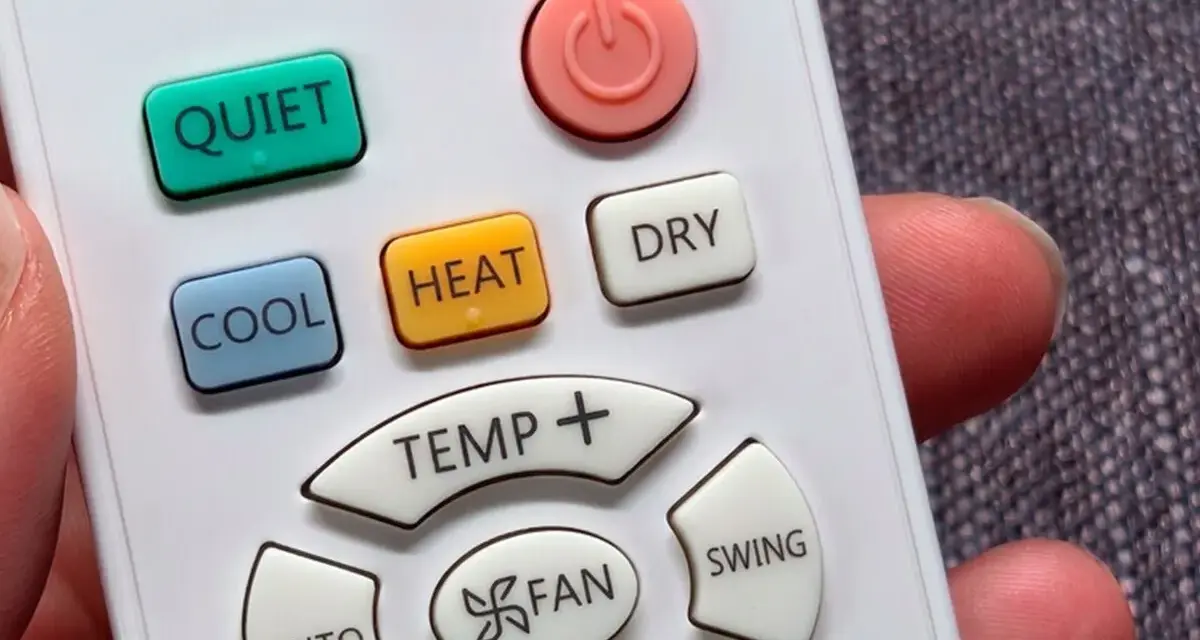 Mando a distancia de aire acondicionado con botón "DRY" visible. Ideal para días húmedos.