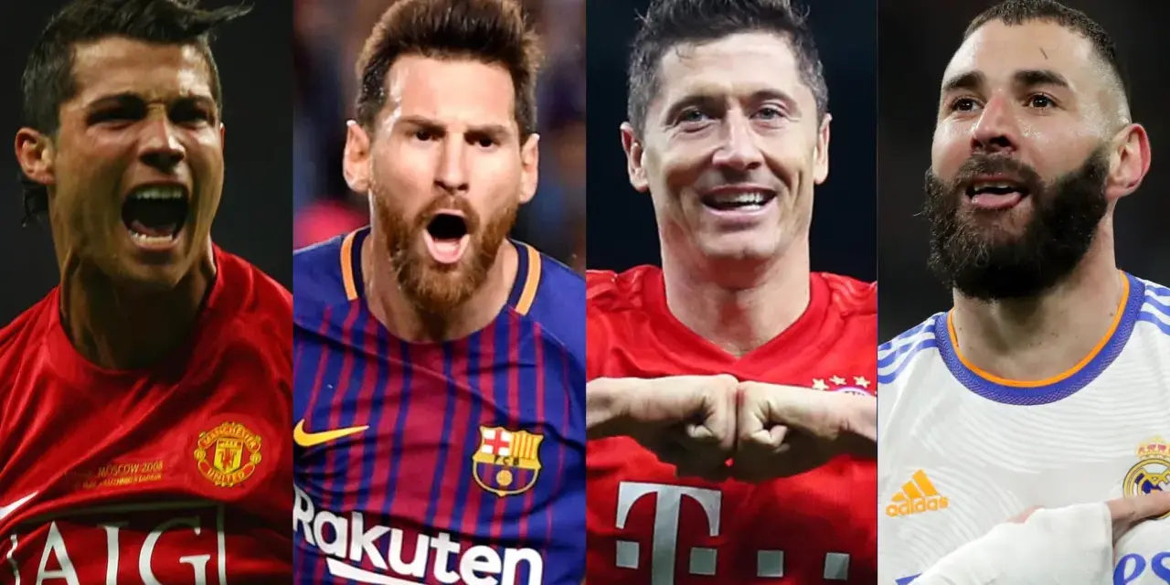 Ronaldo, Messi, Lewandowski y Benzema, cuatro leyendas de la Champions League, celebran sus triunfos.