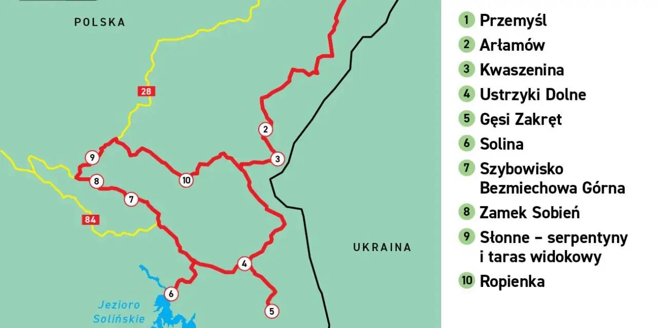 Mapa motocyklowej trasy przez Polskę, z zaznaczonymi punktami takimi jak Ustrzyki Dolne, Jezioro Solińskie i serpentyny w Słonne.