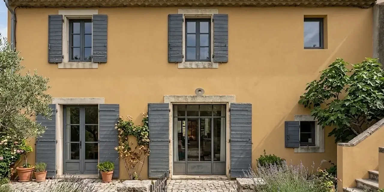 Façade d'une maison provençale à l'enduit à la chaux ocre, avec volets gris et végétation luxuriante.