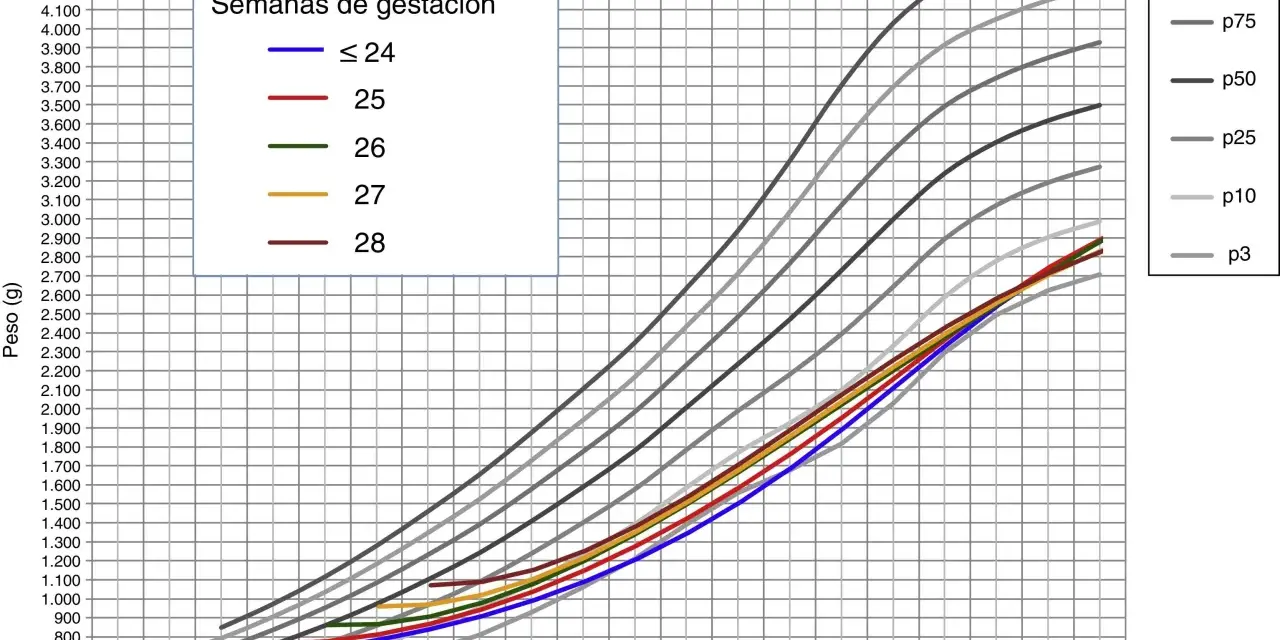 Gráfico de peso fetal por semanas de gestación, mostrando percentiles. El producto nacional neto se relaciona con el crecimiento.