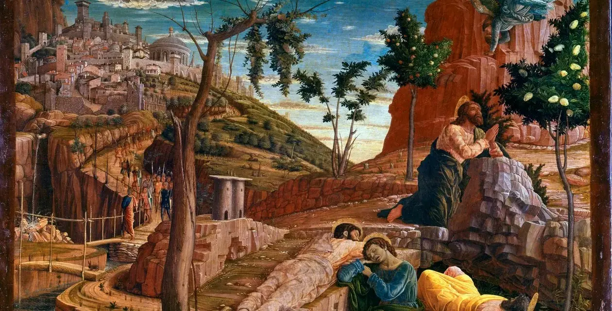 Jesus im Garten Gethsemane betet, während seine Jünger schlafen. Eine Engelsgestalt erscheint. Im Hintergrund eine Stadt.