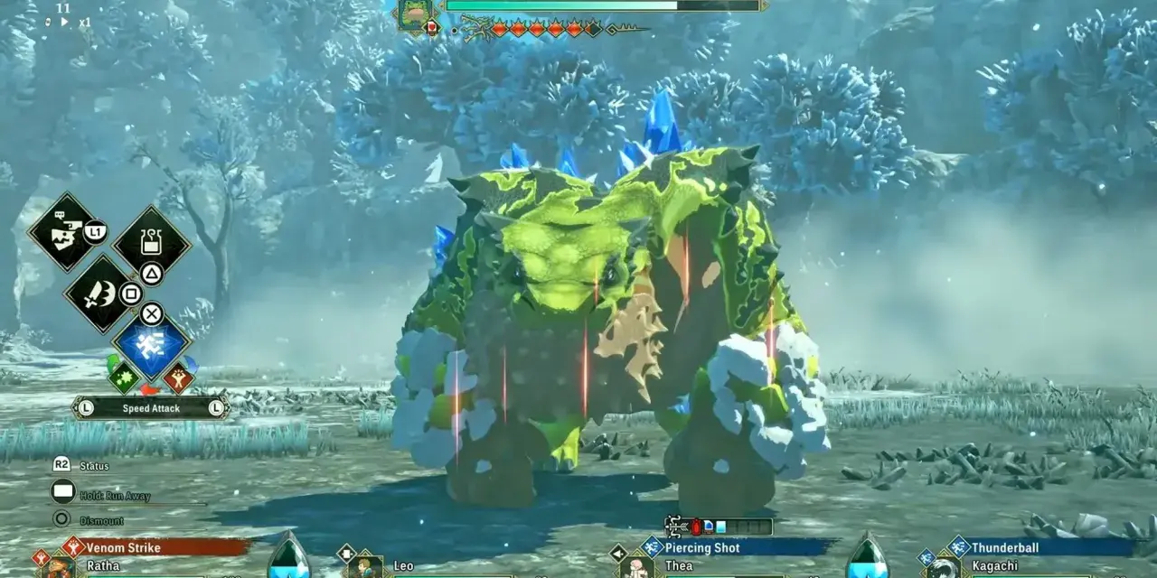 En Monster Hunter Stories 3, un Feral Chatacabra verde y rocoso se enfrenta a un equipo.