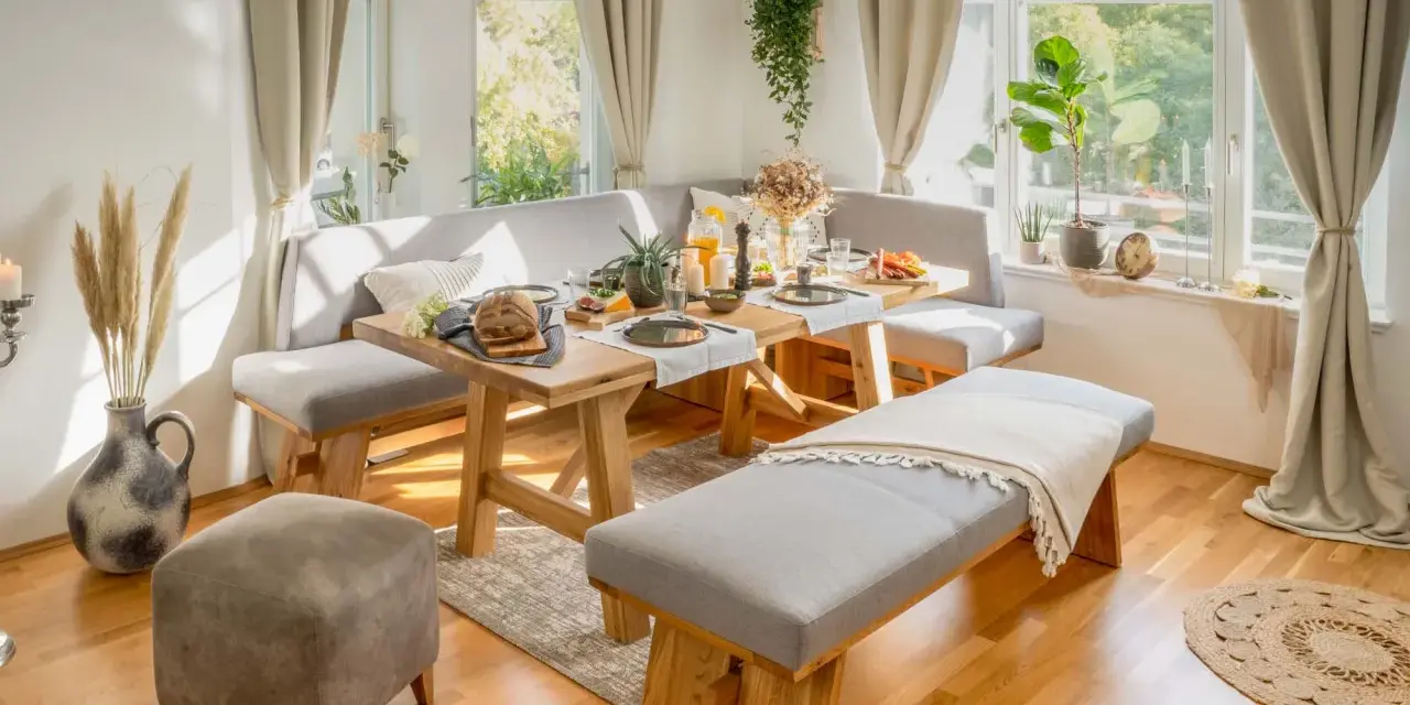 Moderne eckbank ideen für gemütliche Essbereiche. Ein Holztisch mit rustikalen Beinen, gepolsterte Sitzbänke und ein Hocker schaffen einladende Atmosphäre.