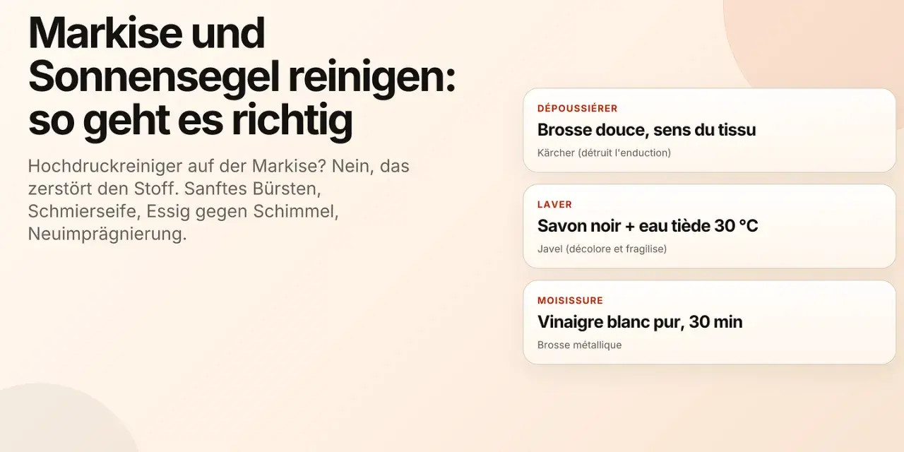 Anleitung: Markise und Sonnensegel reinigen mit sanften Mitteln statt Hochdruckreiniger. Tipps für Stoffpflege und Imprägnierung.