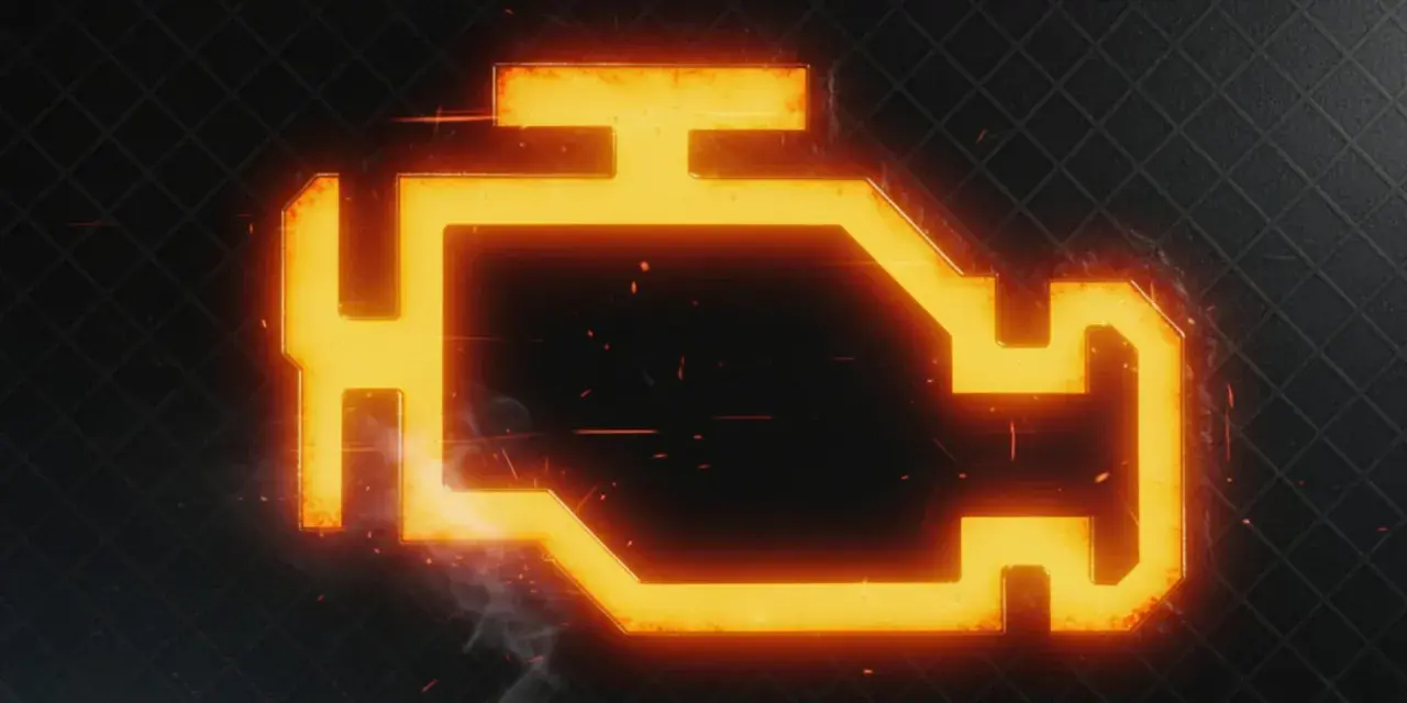 Die Motorleuchte leuchtet orange und zeigt ein Warnsymbol. Rauch und Funken deuten auf ein Problem hin.